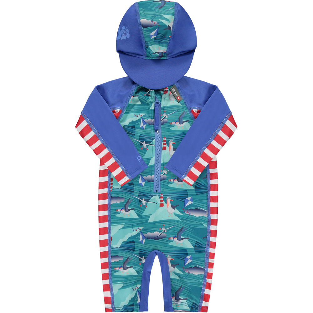 Close Pop-in Long sleeved Recycled Toddler Beach Sunsuit - Unisex With Soft Peaked Hood unisex