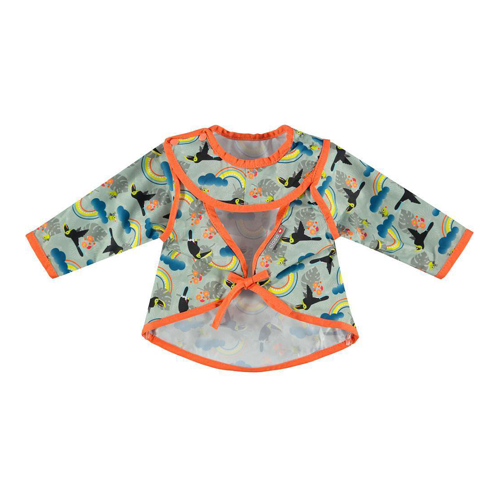 Patterned coverall bib with sleeves and crumb catcher from month