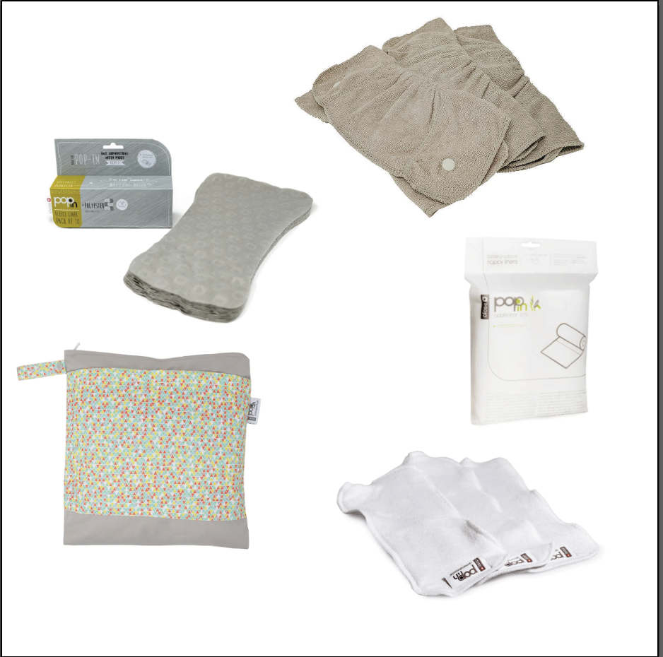 Pop-in Cloth Accessories Bundle - Sml Pastel Tote, 1 Pack x Fleece Liners, 1 x Pack General Booster, 1 Pack NTB, 2 Rolls Liners
