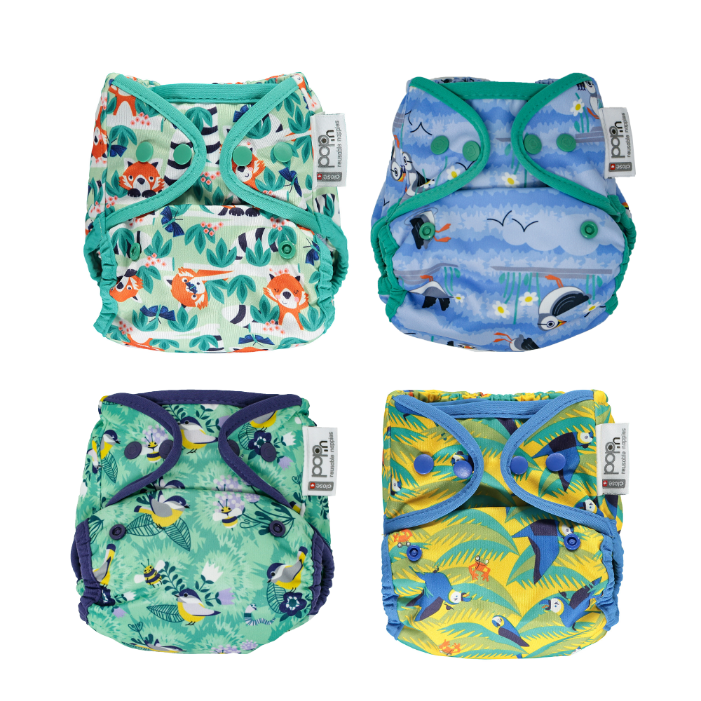 Pack 2 Printed Popper Nappy Wrap (Qty 4) - Parrot, Puffin, Panda, Round the Garden